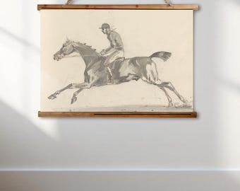 Vintage Equestrian Sketch Tapestry: Rustic Wooden Wall Hanging