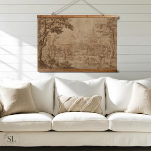 Vintage French Landscape Tapestry: Rustic Wood Topped Wall Art