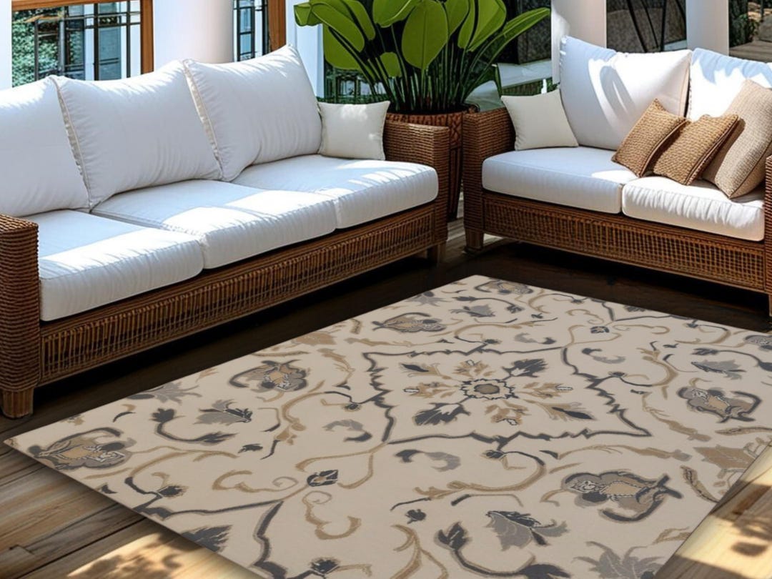Neutral Persian Style Outdoor Rug: Modern Farmhouse Decor - Etsy