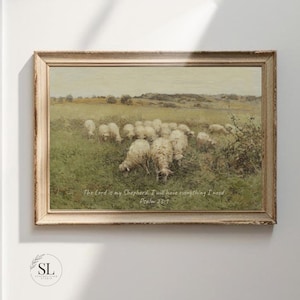 Vintage Christian Sheep Painting: Farmhouse Landscape Art Print