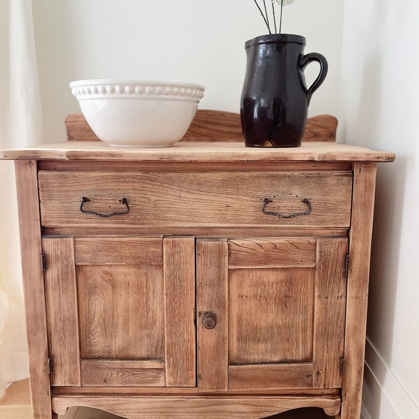 SOLD - Raw wood antique washstand cabinet