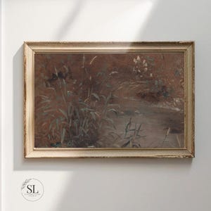 Vintage Burgundy Green Spring Landscape Painting Wall Art | Moody Landscape Print | Vintage Wall Art | Maroon Wildflower Painting