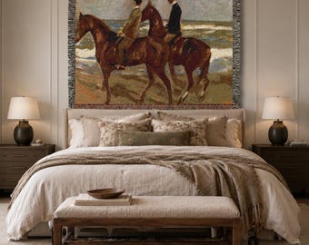 Vintage Abstract Equestrian Beach Landscape Tapestry Modern Farmhouse Cottage Impressionist Woven Wall Art Home Decor Gift