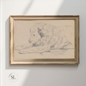May include: A framed pencil sketch of a dog lying down, with a light beige background. The dog is drawn in detail, with visible fur and shading. The frame is a light wood color, adding a vintage aesthetic. The artwork is signed in the bottom right corner.
