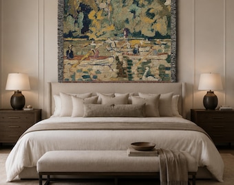 May include: A rectangular woven wall tapestry featuring an impressionist-style landscape scene with figures in a boat on water, surrounded by trees and a white swan. The tapestry has a fringed edge and is suspended from a black metal rod.