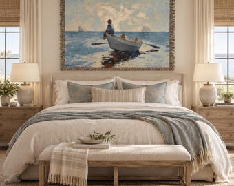Vintage Boating Landscape Tapestry Modern Farmhouse Cottage Impressionist Woven Wall Art Home Decor Gift