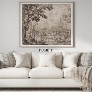 May include: A square framed wall art print featuring a sepia-toned ink sketch of a crowded outdoor landscape scene with a large tree in the foreground, numerous figures gathered in a field, and a tall building structure in the distant background.
