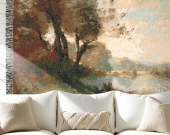 Vintage French Country Tapestry: Modern Farmhouse Cottage Woodland Landscape Wall Hanging Throw Blanket