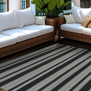 Black and Grey Striped Outdoor Rug: Modern Farmhouse Rugged Doormat
