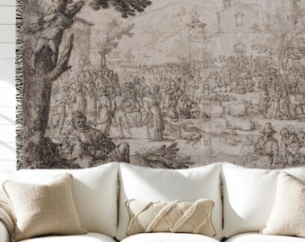 May include: A woven tapestry featuring a detailed monochromatic illustration of a historical outdoor gathering with numerous figures, trees, and architectural structures, finished with a fringed edge along the left side of the fabric.