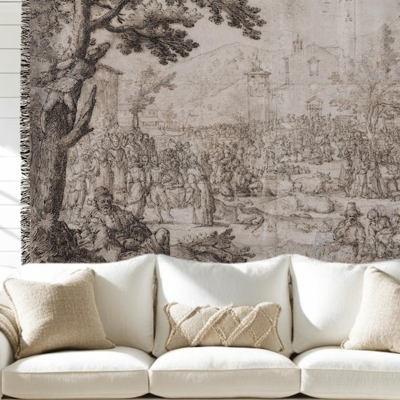 Vintage Neutral French Woven Tapestry - Modern Farmhouse Cottage Wall Hanging Blanket Home Decor Gift