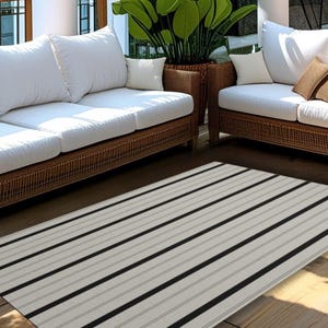 Black Striped Outdoor Rug: Modern Patio Doormat, Custom Size