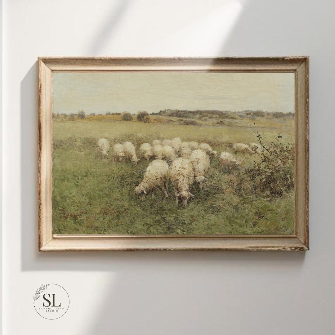 Vintage Sheep Pasture Painting Print: Modern Farmhouse Landscape Wall ...