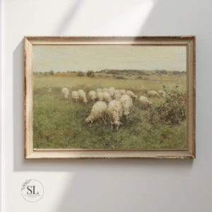 Vintage Print Art Vintage Painting Vintage Sheep Art  Farmhouse Print  Landscape Sheep Grazing Wall Art Oversize Wall Print for Over Sofa