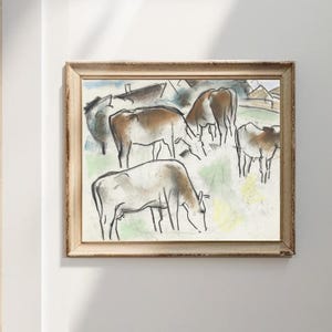 Vintage Abstract Cows Grazing Painting Print Large Wall Art Modern Farmhouse Cottage Decor Gift Oversize Print for Bedroom and Living Room