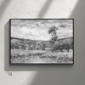 Vintage Black and White French Landscape Sketch Modern Rustic Print for Wall Gallery Farmhouse Decor Minimalist European Living Room Art