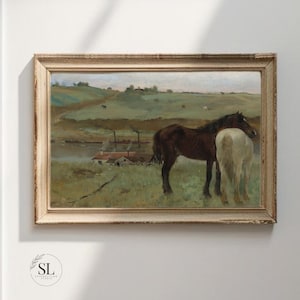 Vintage Horse Landscape Painting Modern Farmhouse Cottage Decor Wall Art Oversized Artwork Vintage Living Room Hallway Gallery Print Mailed