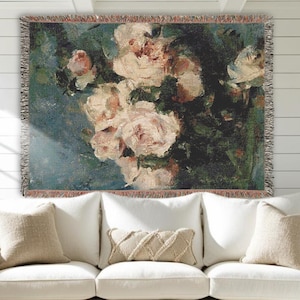 Floral Art Large Woven Tapestry for Bedroom Woven Blanket Modern Farmhouse Cottage Home Decor Vintage Art Inspired Throw Blanket for Sofa