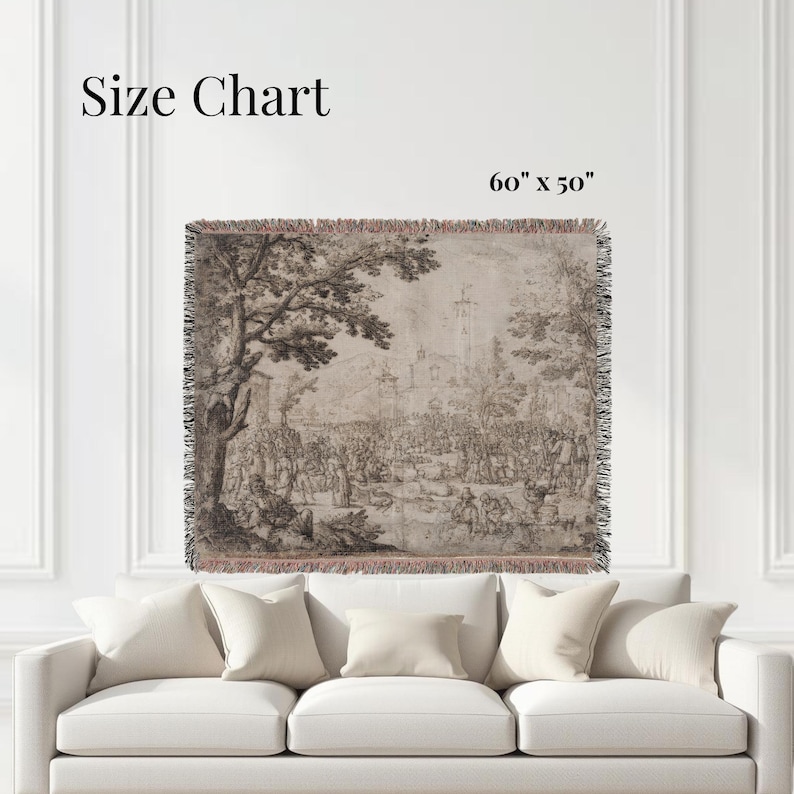 May include: A woven throw blanket featuring a sepia-toned landscape illustration with a large tree, a crowd of people, and a distant building. The text Size Chart and 60" x 50" are visible. The blanket has a fringed edge on all four sides.
