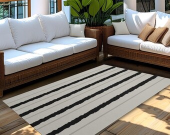 Black Striped Outdoor Rug: Modern Polyester Chenille Area Rug