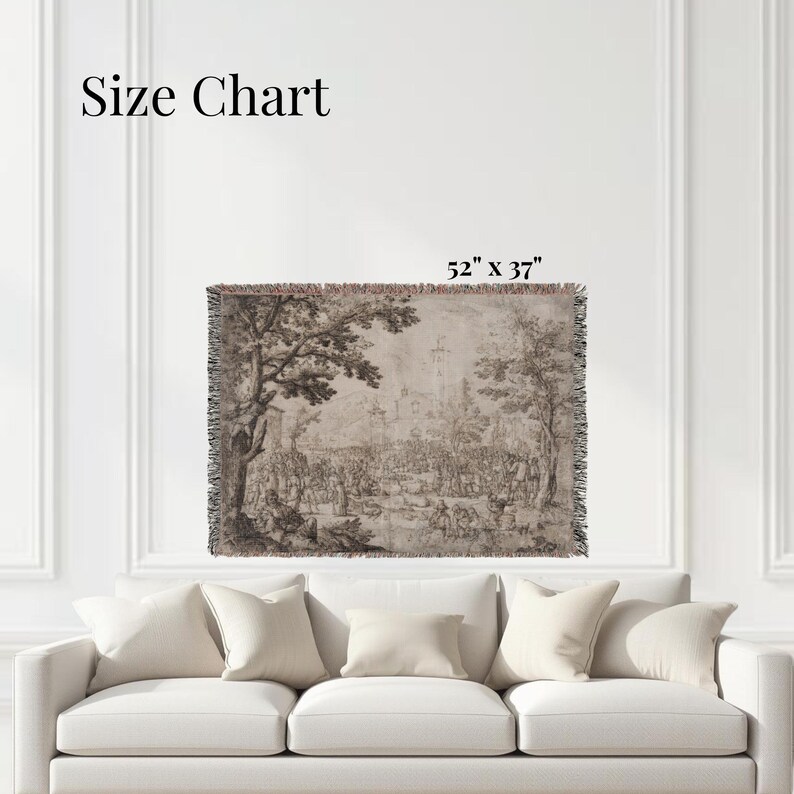 May include: A rectangular woven throw blanket featuring a sepia-toned landscape illustration with trees, figures, and a distant building. The text Size Chart and 52" x 37" are visible above the blanket, which has a fringed edge on all sides.