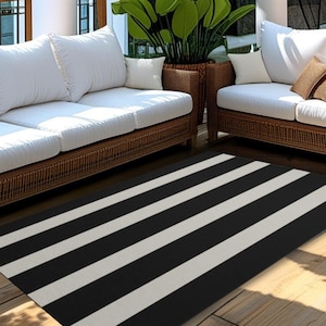 Striped Outdoor Area Rug: Black and Cream Nautical Porch Decor