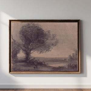 Vintage Landscape Drawing: Rose Brown Farmhouse Art Print