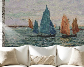 Vintage Seascape Cotton Tapestry: Woven Sailing Ship Wall Hanging Blanket Coastal Decor Gift