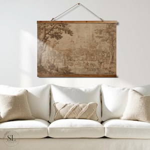Vintage French Landscape Tapestry: Large Rustic Tapestry Topped Wall Hanging Art