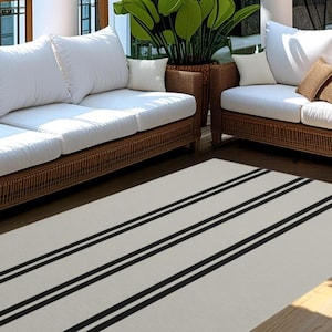 Black Striped Outdoor Rug: Modern Neutral Polyester Area Rug