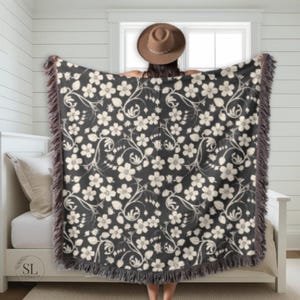 Cotton Throw Blanket Couch Black Floral Block Print Throw, Boho Home Decor, Double/Queen Woven Bedding for Bedroom Last minute Gift for Her