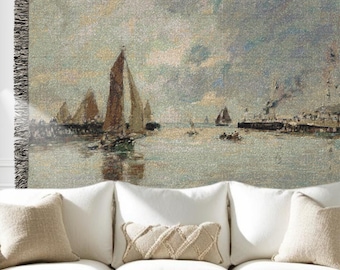 Vintage zeilboot geweven deken zeegezicht - Modern boerderijhuisje geweven deken woondecoratie cadeau