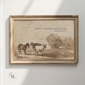 May include: A sepia-toned framed print depicting a rural landscape with two horses and a field. The artwork includes the text "The Lord will give you more than you need. Deuteronomy 28:11."
