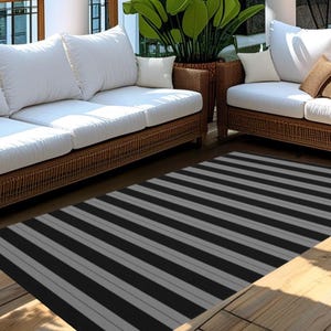 Outdoor Area Rug, Black Grey Mat, Black Stripe Fabric, Layering rug, Rugs Under Doormat, Neutral Entryway, Custom Size Rug, Striped rug