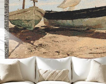 Vintage Moody Ships Woven Tapestry: Nautical Cottage Wall Hanging Home Decor Gift
