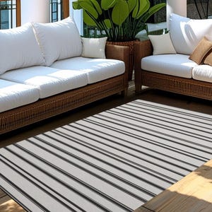 Black Striped Outdoor Rug: Modern Neutral Entryway Mat
