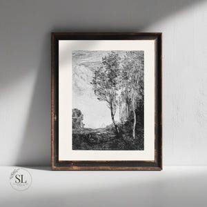 Dibujo de paisaje de bosque vintage, arte de boceto de árbol, impresión de arte de pared de árbol, arte de pared de línea de boceto abstracto, arte antiguo, decoración de granja moderna
