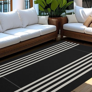 Modern Outdoor Area Rug, Black Striped Mat, Modern Doormats, Layering rug, Rugs Under Doormat, Neutral Entryway Rug, Custom Size Rug