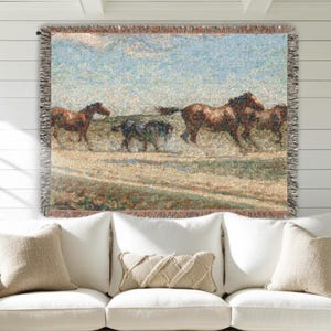 Vintage Galloping Horse Large Woven Tapestry Wild Horses Artwork Tapestry Modern Farmhouse Cottage Home Decor Gift Throw Blanket for Sofa