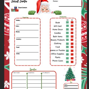 Secret Santa Questionnaire PDF Printable