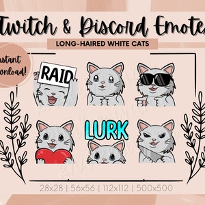 Cute Long-Haired White Cat Digital Emotes for Twitch and Discord