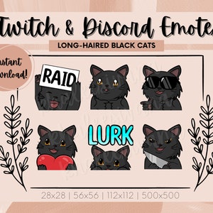 Cute Long-Haired Black Cat Digital Emotes for Twitch and Discord