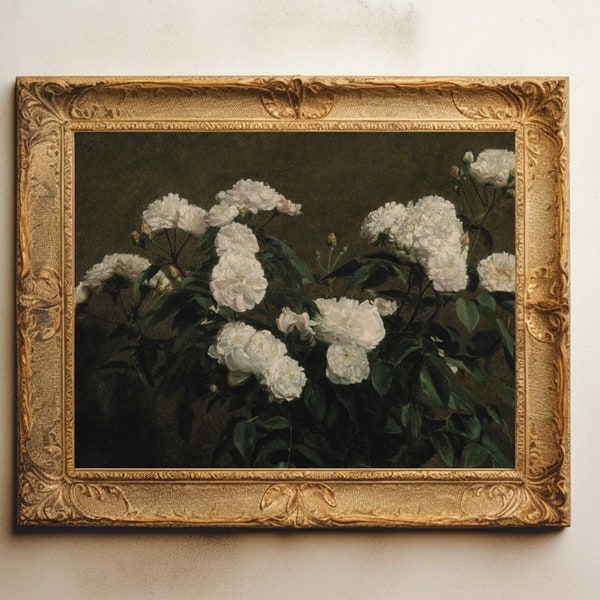 White Vintage Floral Oil Painting | Farmhouse Wall Decor | Printable Wall Art