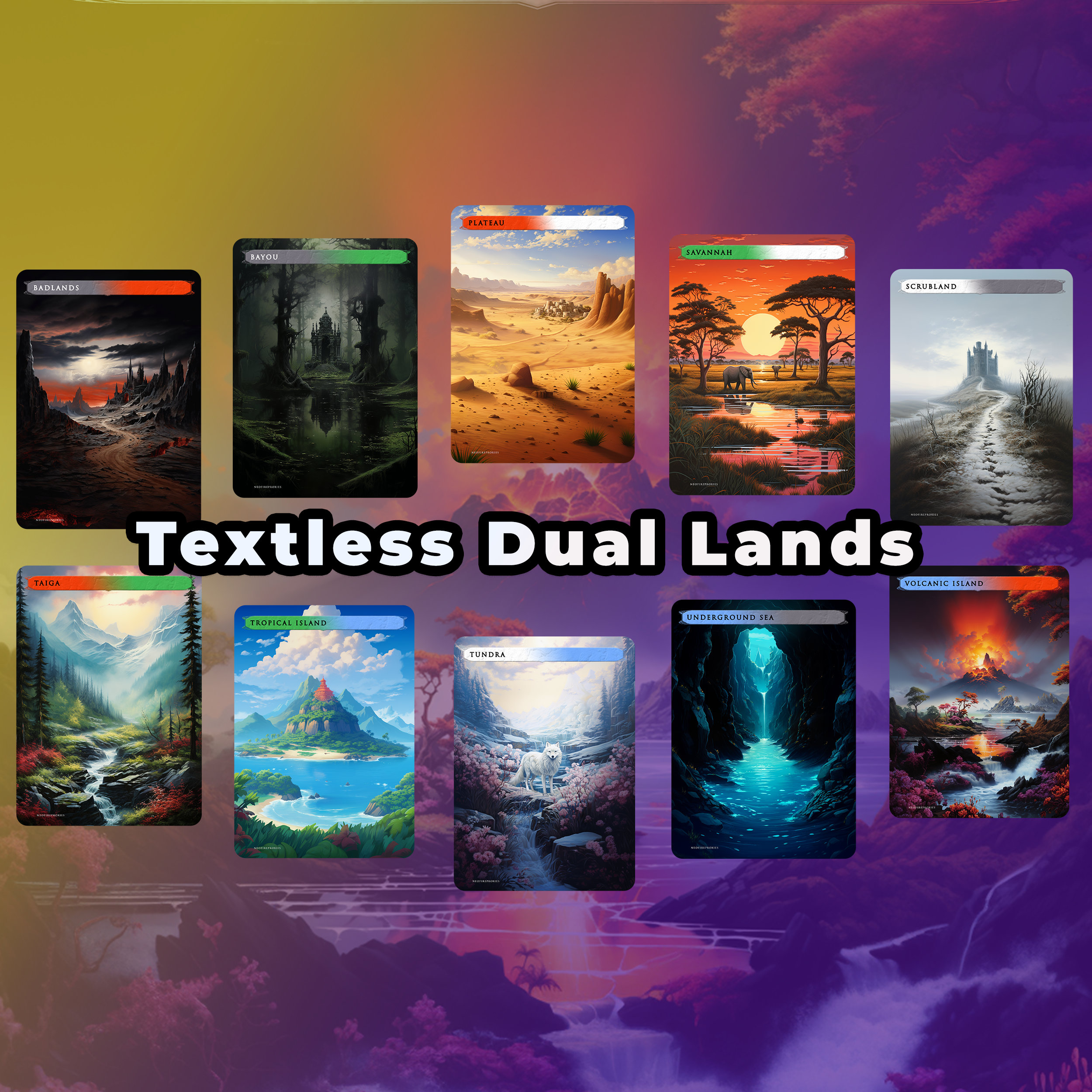 MTG Original Dual Land Proxies, Foil Textless Dual Lands for Magic the Gathering, Full Set 10