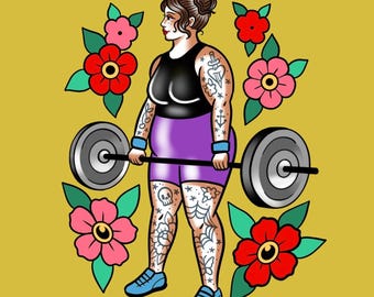 Könnte beinhalten: Eine digitale Illustration einer tätowierten Person in einem schwarzen Tanktop und lila Shorts, die eine Langhantel mit grauen Gewichten hebt. Die Figur ist von roten und rosa Blumen mit grünen Blättern vor einem senfgelben Hintergrund umgeben.