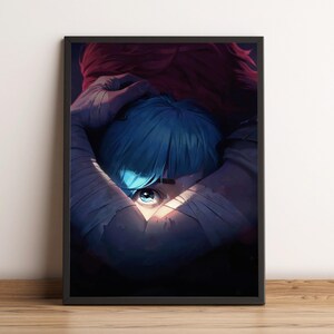May include: A close-up of a person with blue hair, wearing white bandages, with one eye visible. The person's face is partially obscured by the bandages. The background is dark and blurry.