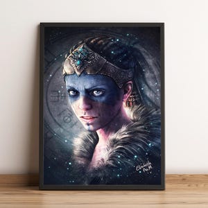 May include: A digital painting of a woman with blue and white face paint wearing a crown and fur. The background is a dark blue with white stars.