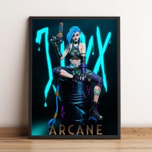 May include: A digital illustration of a female character from the animated series Arcane, with blue hair and a black and white outfit, holding a gun. The character is sitting on a barrel with the word "ARCANE" written below. The background is a dark blue with a neon blue "Jinx" graphic.
