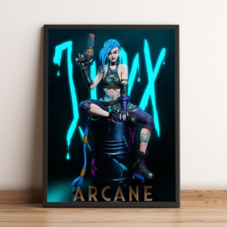 May include: A digital illustration of a female character from the animated series Arcane, with blue hair and a black and white outfit, holding a gun. The character is sitting on a barrel with the word "ARCANE" written below. The background is a dark blue with a neon blue "Jinx" graphic.