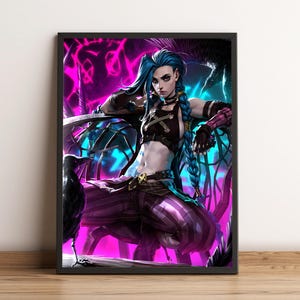 May include: A digital illustration of a female character with blue hair and a purple and black outfit. She is holding a weapon and has a menacing expression. The background is a dark purple and blue with a glowing effect.